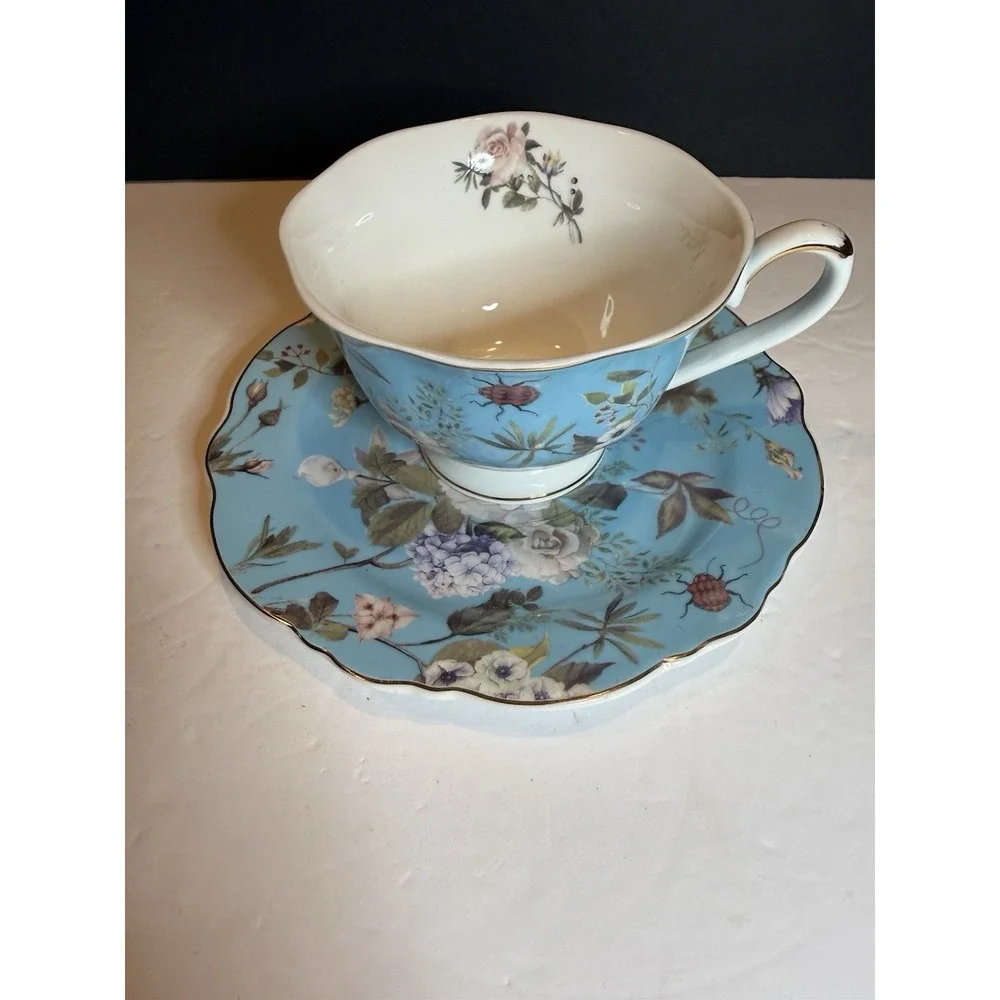 Grace Teaware Blue Floral Garden Oversized Teacup & Saucer Porcelain Gold Trim